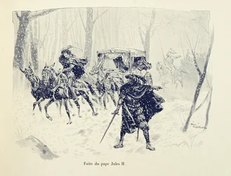 Kuvitus otettu Theodore Cahun kirjasta "Histoire du chevalier Bayard", kuvittanut Paul De Semant (1855-1915): Paavi Julius II:n lento