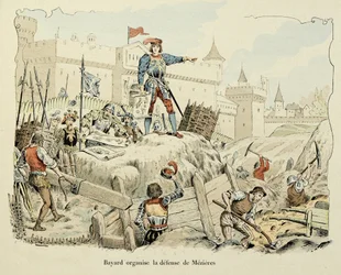 Kuvitus otettu Theodore Cahun kirjasta "Histoire du chevalier Bayard", kuvittanut Paul De Semant (1855-1915): Bayard järjestää Mezieresin 1521 puolustamisen