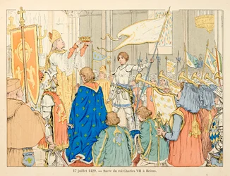 Kuvitus Théodore Cahun kirjasta ”Jeanne d’Arc”, jonka kuvitti Paul de Semant (1855-1915): kuningas Kaarle VII:n kruunajaiset Reimsissä 17. heinäkuuta