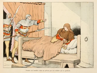 Kuvitus otettu Theodore Cahun kirjasta "" Jeanne of Arc "" ja kuvittanut Paul De Semant (1855-1915): Sotilaat loukkasivat Jeanne of Arcia hänen vankilassaan