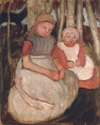 Kaksi istuvaa tyttöä ennen koivunrunkoa; Kaksi istuvaa tyttöä koivunrunkojen edessä, 1904