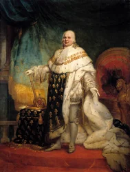 Kokovartalokuva Ludvig XVIII:sta (1755-1824) kruunajaisasussa, 1824. Mitat: 2,69 x 2,04 m.