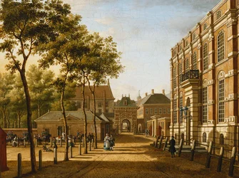 Haag: Mauritspoort ja Binnenhof nähtynä aukion toisella puolella, 1773