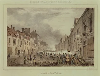 Taistelut Rue Schaerbeekillä, Brysselissä, sunnuntaina 25. syyskuuta 1830, kaiverrus Dewas Me-Pletinckx