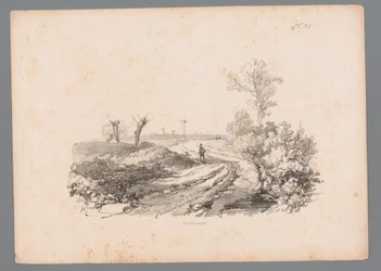 Maisema hahmolla kävelykepin kanssa maantiellä Paulus Lautersin maisematutkimukset (sarjan nimi) Nouvelle suite de 40 etudes de paysages par P. Lauters (sarjan nimi)