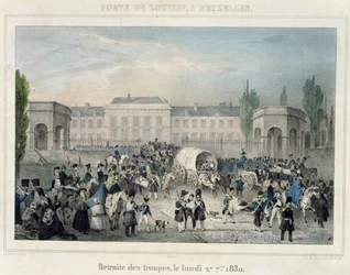 Porte de Louvain, Bryssel: Hollantilaisten joukkojen vetäytyminen, 27. syyskuuta 1830, kaiverrus Dewasme-Pletinckx
