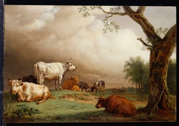 Karjaa pellolla, matkustajia vaunussa radalla ja kirkon torni kaukana, sademyrsky lähestyy, 1652