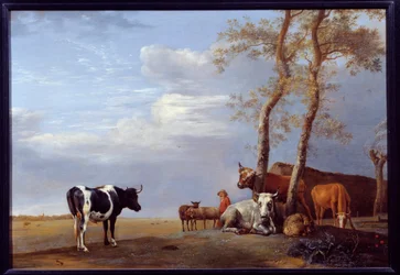 Maisema talonpojan ja eläinten kanssa. Paul Potterin (1625-1654) maalaus Ec. Hol.