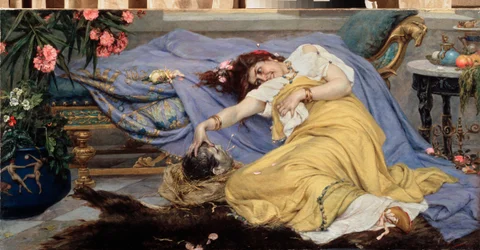 Fulvia (Fulvia Flacca Bambula, 77-40 eaa.) Ciceron (Marcus Tullius Cicero) pään kanssa