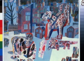 Eläimet (Eläimet). Jättiläiset hirviöt tunkeutuvat kaupungin kaduille. Pavel Nikolajevitš Filonovin (1883-1941) teos, öljy paperille
