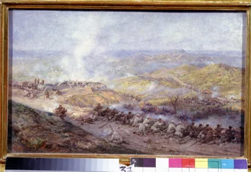 Kohtaus Venäjän Turkin sodasta (1876-1878) (Scene of the Russian Turkish War). Taistelukenttä Balkanilla, jossa Venäjän armeijan ja Ottomaanien valtakunnan sotilaat kohtaavat Plevenin (tai Plevnan, Bulgarian) piirityksen aikana vuonna 1877. Maalaus