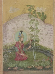 Yksityiskohta Humayunista, joka istuu maisemassa, Late Shah Jahan -albumista, n. 1650 (wc, mustetta ja kultaa paperilla)