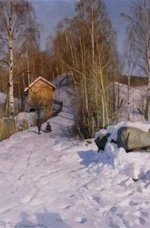 Talvimaisema ja mäkeä laskevia lapsia