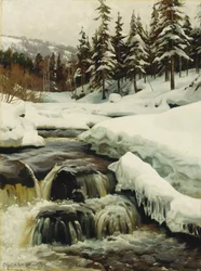 Talvimaisema vuoristotorrentin kanssa