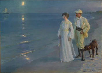 Tanskaksi: Sommeraften ved Skagens Strand Kesäilta Skagenin rannalla. Taiteilija ja hänen vaimonsa.