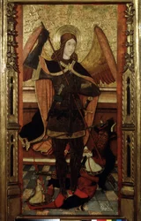 ""Arkkienkeli Mikael punnitsemassa kuolleiden sieluja"" (Arkkienkeli Mikael, joka punnitsee kuolleiden sieluja) Pedro Espalarguesin nuoremman (1500-luvun) Pushkin-museo, Moskova