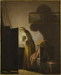 Une femme attrapant des puces a la lumiere de la bougie - Nainen, joka pyydystää kirppuja kynttilänvalossa, kirjoittanut Hillestrom, Pehr (1732-1816). Öljy kankaalle. Mitat: 51,5x42,5 cm. Tukholman kansallismuseo