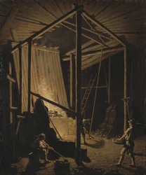 Kuparivalimo Falunin kaivoksissa (Ruotsi) - Kuparivalimo Falunin kaivoksessa, Hillestrom, Pehr (1732-1816). Öljy kankaalle, n. 1784. Koko: 79x65,5 cm. Tukholman kansallismuseo