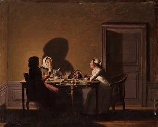Lukeminen kynttilänvalossa, par Hillestroem, Pehr (1732-1816). Öljy kankaalle, koko: 41,5x51,5, , Yksityiskokoelma
