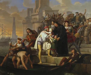 Christopher Columbus syleilee kahta poikaansa ja suosittelee heitä isä Giovanni Perezille ennen kuin lähtee Paloksesta matkalle Amerikkaan
