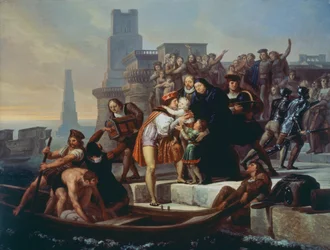 Christopher Columbus lähtee Palos de la Fronteran satamasta ja suosittelee poikiaan isä Giovanni Perezille (1492)