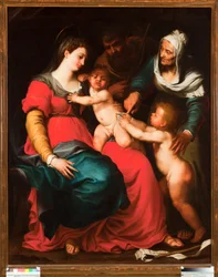 Pellegro Piolan (1617-1640) pyhä perhe perhosen ja pyhän Elisabetin ja Johannes Kastajan maalauksen kanssa