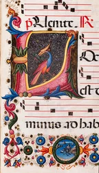 Piccolomini-kirjasto: kuorokirja, turska. 5.E, ff. 63r "Foliated nimikirjain", kirjoittanut Pellegrino di Mariano. Yksityiskohta.