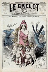 Eräs numero teoksesta ”Kello”, jossa kansallislaulu ”Marseljeesi” esitetään etenevänä allegoriana samalla kun pakenevat aateliset tukkivat korvansa. Pepinin kuvitus. 10/02/1878. Yksityiskokoelma