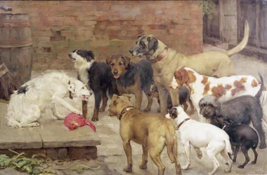 Koira isäntänsä illallisen kanssa, 1892