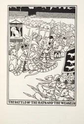 Rottien ja näädän taistelu, teoksesta Fontaine Fables, pub. 1905