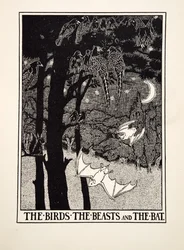 Linnut, pedot ja lepakko, teoksesta A Hundred Fables of Aesop, pub.1903 (kaiverrus)