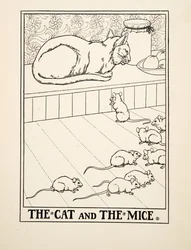 Kissa ja hiiret, julkaisusta A Hundred Fables of Aesop, pub.1903 (kaiverrus)