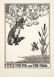 Kettu ja sammakko, julkaisusta A Hundred Fables of Aesop, pub.1903 (kaiverrus)