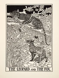 Leopardi ja kettu, julkaisusta A Hundred Fables of Aesop, pub.1903