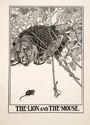 Leijona ja hiiri, julkaisusta A Hundred Fables of Aesop, pub.1903