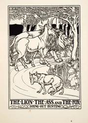 Leijona, aasi ja kettu metsästämässä, julkaisusta A Hundred Fables of Aesop, pub.1903 (kaiverrus)
