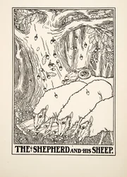 Paimen ja hänen lampaansa, julkaisusta A Hundred Fables of Aesop, pub.1903 (kaiverrus)
