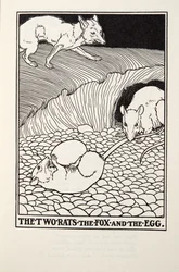 Kaksi rottaa, kettu ja muna, teoksesta Fontaine Fables, pub. 1905