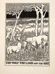 Susi, lammas ja vuohi, julkaisusta A Hundred Fables of Aesop, pub.1903 (kaiverrus)