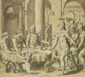 Didon ja Aeneaksen juhla, malli kuvakudossarjasta Story of Aeneas, n. 1532 (kynä ja muste ja pesu paperille)