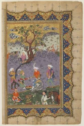 Prinssi istuu maisemassa palvelijoineen, n. 1600