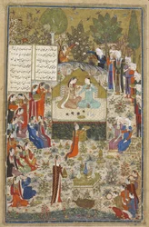 Lisää Ms 18113 f.406 Humay ja Humayun, rakastajat palvelijoiden ympäröimänä, Bagdadissa sijaitsevan Kirmanin "Kolme runosta"