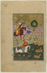 Bahram Gur metsästää Azadan kanssa, Khamsasta, n. 1580
