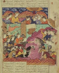 Taistelu Feradinin ja Zahakin välillä, kuva Abul-Qasim Manur Firdawsin (n. 934-1020) Shahnamasta (Kuninkaiden kirja) 1619