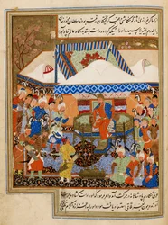 Toin Bayazidin Timurin eteen Ankaran taistelun jälkeen (1402) kuvan Sharaf al-Din Yazdista