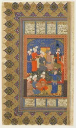 Hoviherrat, joiden Luhrasp valtaistuimelle Firdawsin Shahnamasta (kuninkaiden kirja), n. 1590-1600 (muste, läpinäkymätön akvarelli ja kulta paperilla)