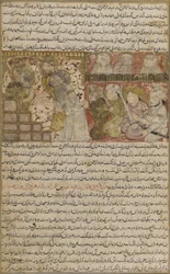 Balamin folio Tarikhnamasta (historian kirja): Othmanin valinta Medinan kalifaattiin, n. 1300 (läpinäkymätön akvarelli, muste ja kulta paperilla)