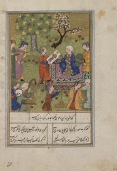 Folio Nizamin Khamsasta (kvintetti); Shirin tutkii Khusrawsin muotokuvaa, Iran, n. 1500 (läpinäkymätön vesiväri, muste, värillinen kiille ja kulta paperilla)