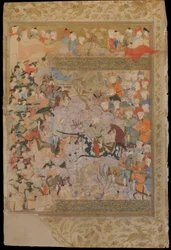 Folio Mirkhwandin (k. 1498) Rawzat al-safasta (Onnenpuutarha); recto: Taistelu bysanttilaisia vastaan Alepposta, Shirazista, Iranista, Safavid-kausi, 1571-72 (läpinäkymätön akvarelli, muste ja kulta