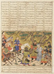 Folio Shahnamasta (Kuninkaiden kirja), kirjoittanut Firdawsi (k. 1020); versio: Ardashir vangitsee Ardavanin, Tabrizin, Iranin, Il-Khanidin ajan, n. 1330-1340 (läpinäkymätön akvarelli, muste ja kulta paperille)
